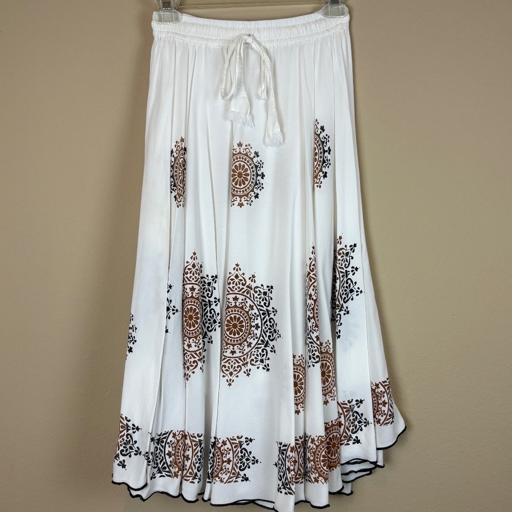 LA Fille Ivory/Black/Brown Boho Flowy Midi Skirt w/ Front Waist Tie; Size 30 (M) - Picture 1 of 7